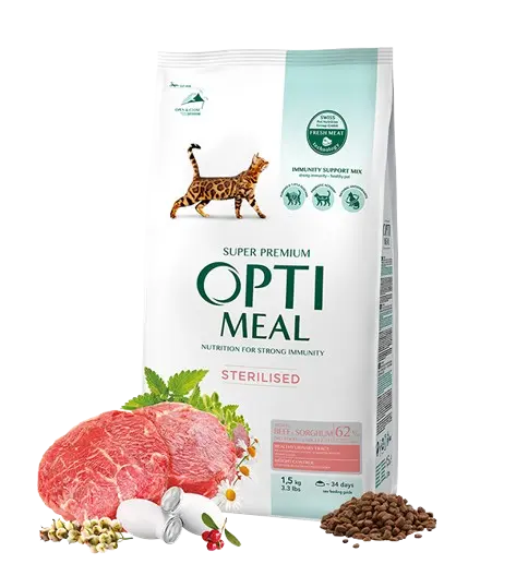 Complete dry pet food for sterilised cats - high in beef and sorghum