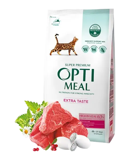 Complete dry pet food for adult cats high in veal