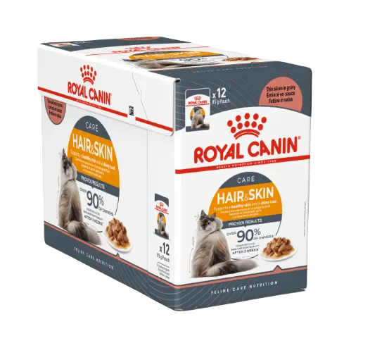Beskrivning & namn per bolag på NO & SE Feline Wet Hair & Skin Care Gravy Våtfoder för katt