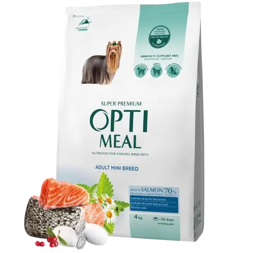 Complete dry pet food for adult dogs of miniature breeds high in salmon