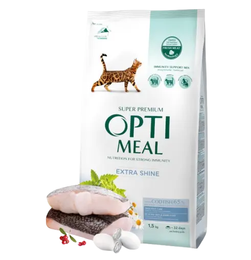 Complete dry pet food for adult cats high in cod fish